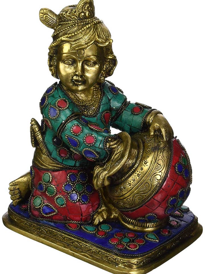 7" Makhanchor Krishna Brass Statue | Handmade | Krishna Idol for wholesale by Exotic India Art