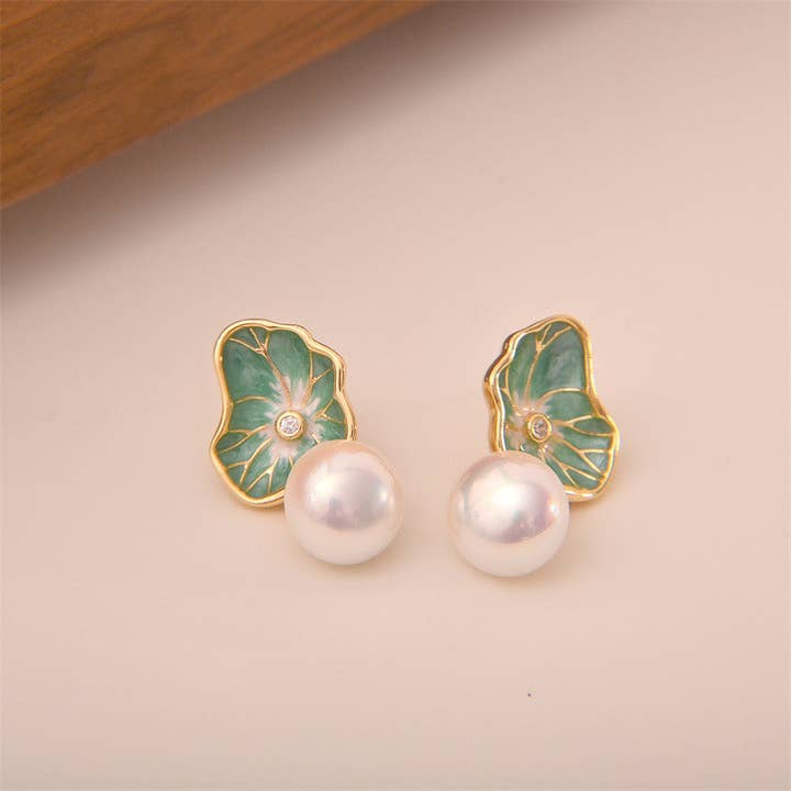 Dainty Enamel Lotus Leaf Pearl Stud Earrings in Solid Copper for wholesale by Perimade & Co. LLC