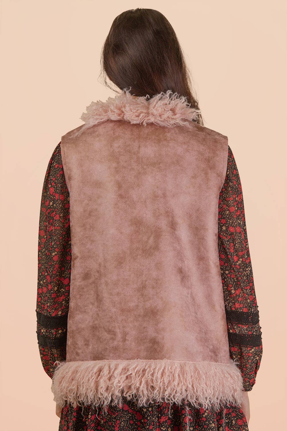 VERY J - Vente Veste sans manches – femme - NJ90398-Gilet Bohème en Suédine Sherpa avec Fausse Fourrure3