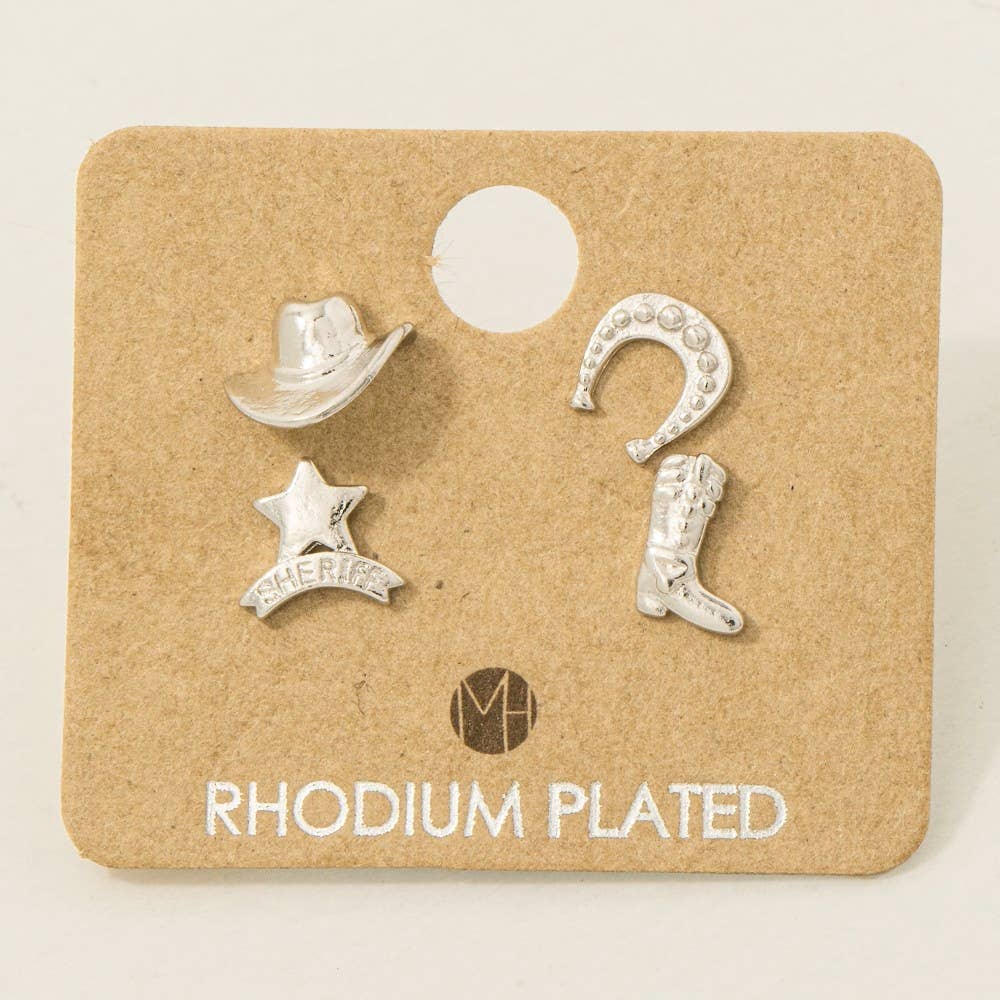 Fame Accessories - Wholesale Stud/Post Earrings - Western Gold Dipped Western Sheriff Theme Stud Earrings Set4
