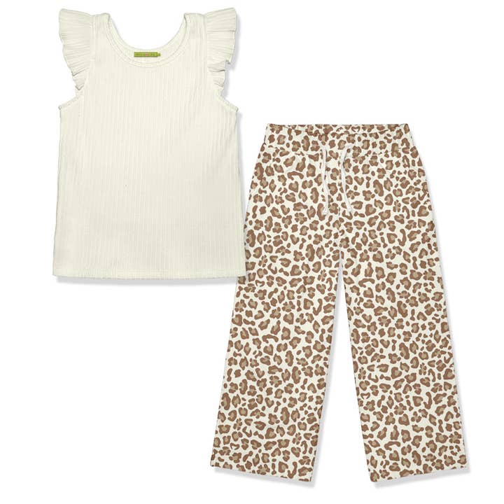 Kids Cream Ribbed Ruffle-Sleeve Top & Skin Print Neutral Wide-Leg Pants for wholesale by Millie Loves Lily