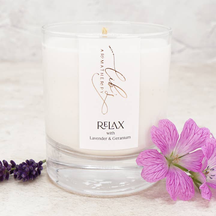 Relax with Lavender & Geranium Soy Candle for wholesale by Lib's Aromatherapy