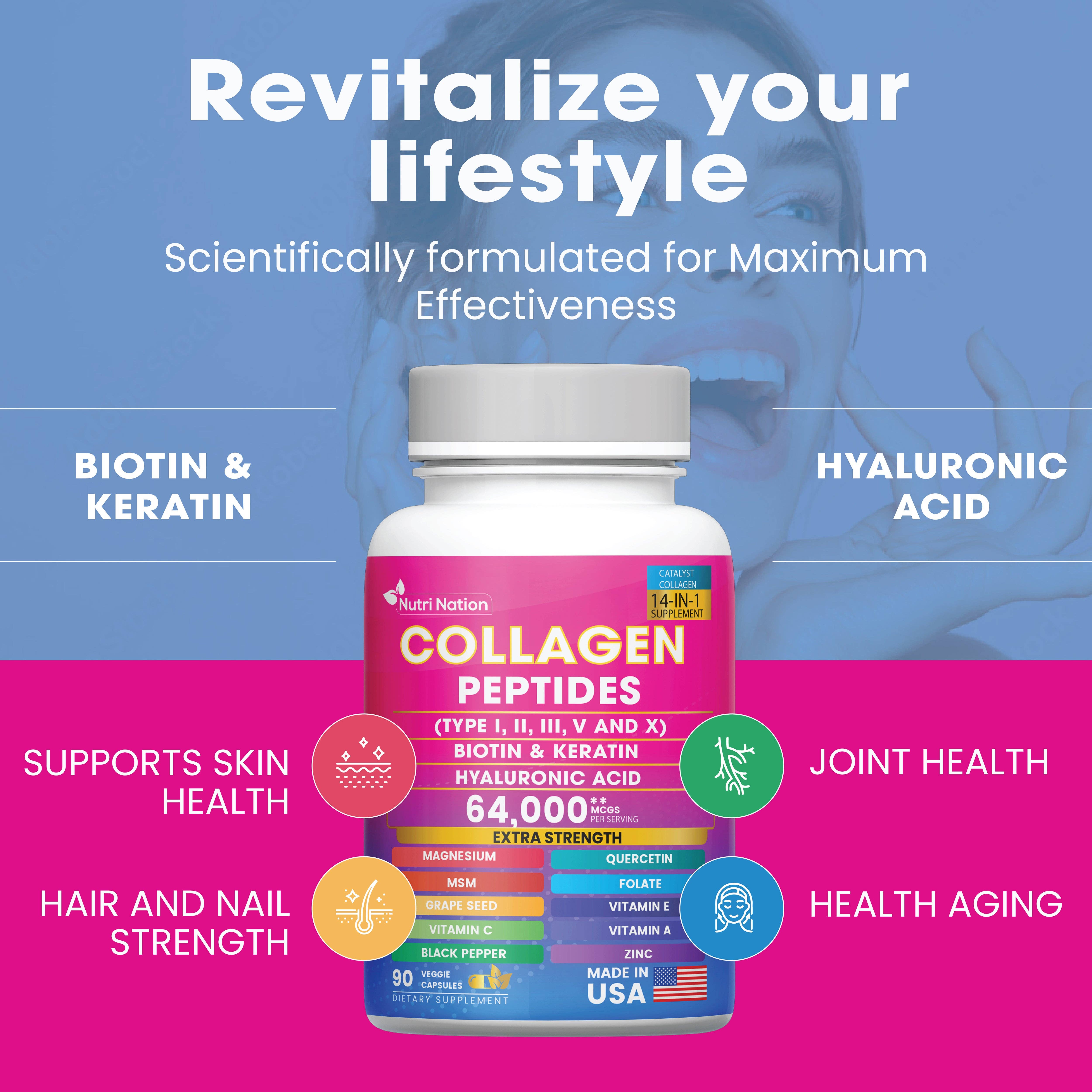 Nutri Nation – Großhandel Nahrungsergänzungsmittel/Vitamin zum Einnehmen – Kollagen-Peptid-Kapseln, Typ I, II, III, V & X Biotin Keratin Hyaluronsäure MSM Vitamin C, E & A, Folsäure Zink Magnesium mit Traubenkernextrakt, Quercetin (90 Kapseln)3