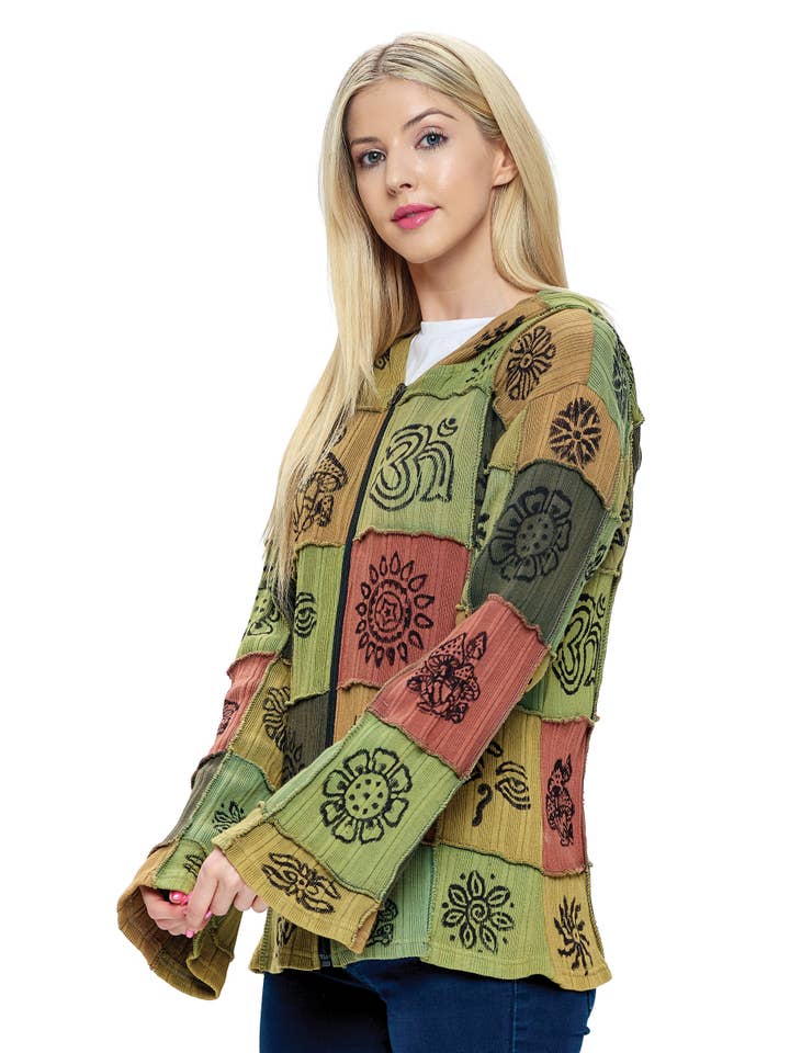 Gray Hooded Jacket Hippie Patchwork Hand Printed for wholesale on Faire4
