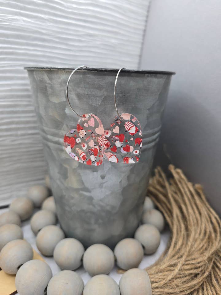 Valentine Gnome Heart Hoop Earrings for wholesale by Woody Bee Creations