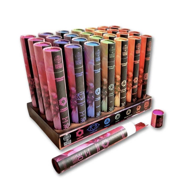 Set of 28 EE Himalayan Chakra Incense Sticks with Wooden Display for wholesale by Earths Elements Wholesale