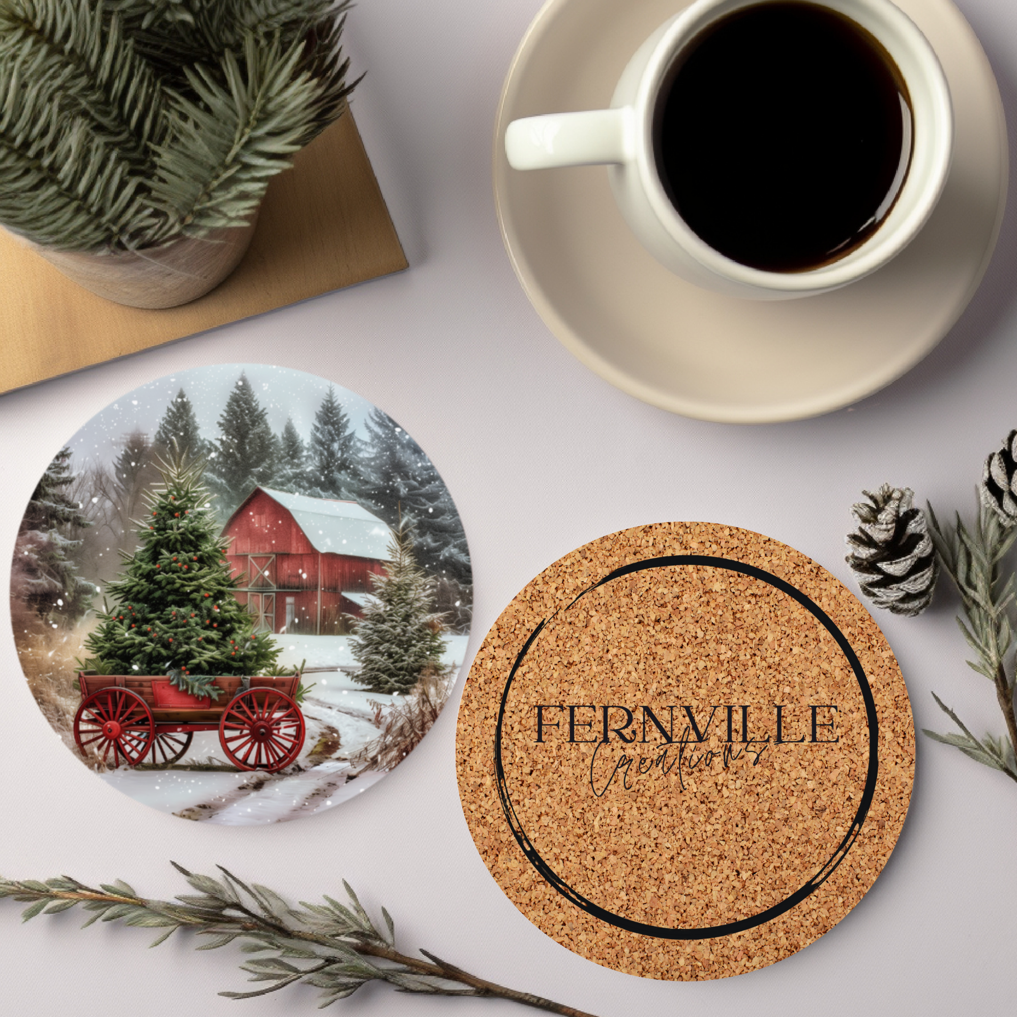 Fernville Creations - Wholesale Coasters - Christmas Scene Coaster, Rustic Charm, Farmhouse Elegance3