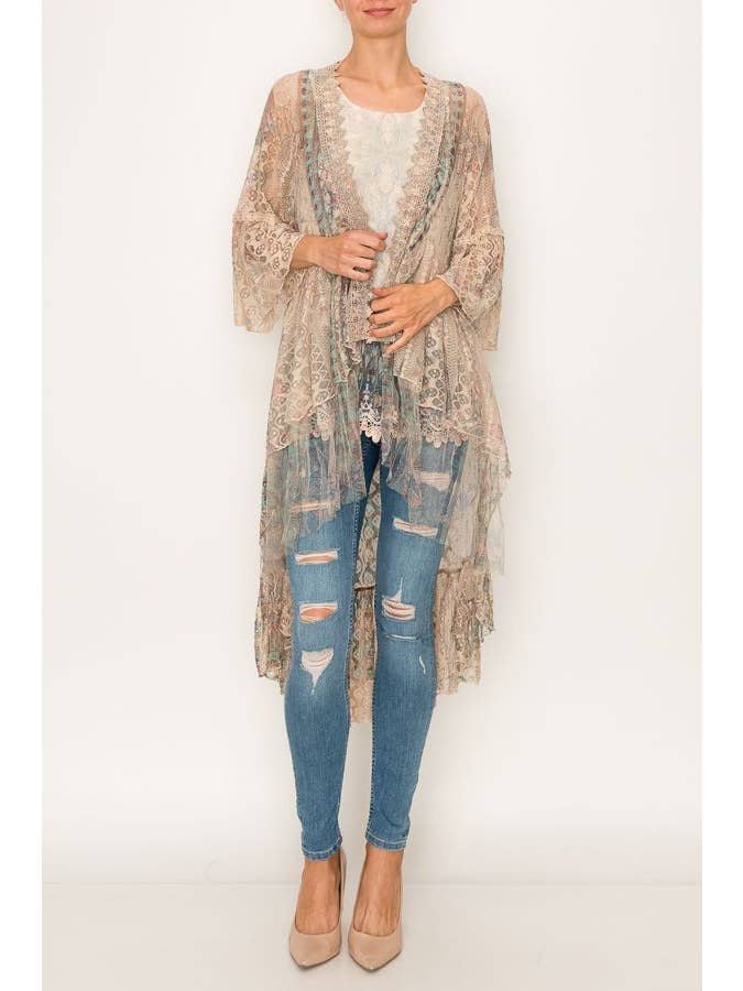 PT Turq Multi Ethereal Lace Tiered High-Low Kimono Cardigan - 4508 TAUPE/TURQ for wholesale on Faire1