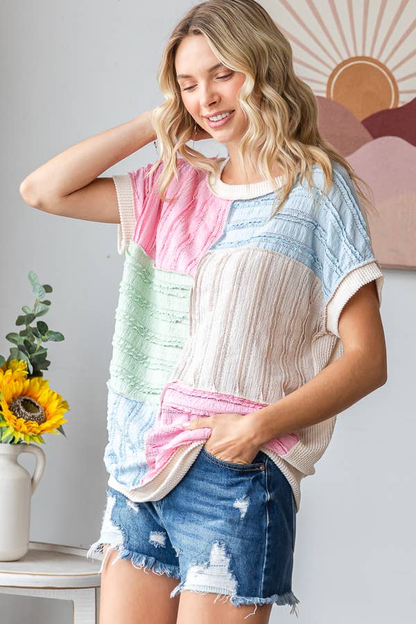 7th Ray - Wholesale Gebreide top - Dames - Kleurblok Gestructureerd Patchwork Korte Mouw Top T594416