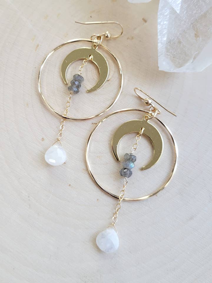 Labradorite Moonstone Crescent Hoop Earrings for wholesale by Leo Eleven Jewelry
