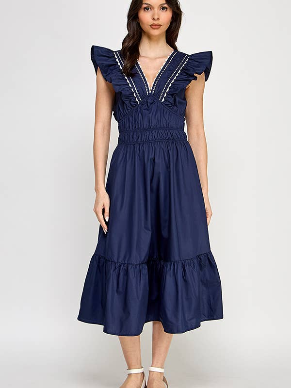 RUBIENN - Wholesale Dress - Women's - Lace Trim V-Neck Sleeveless Smocked Midi Dress.