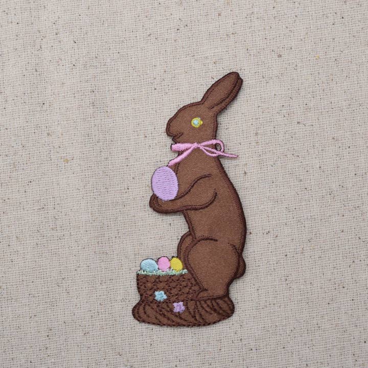 Wholesale Applique – wholesale Patch – Chocolate Easter Bunny with Basket of Eggs, Easter Candy, Embroidered Iron on Patch1