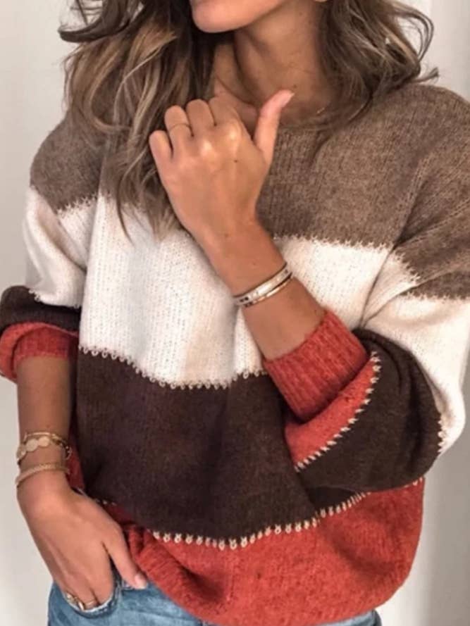 UNISHE - Wholesale Knit Sweater - Women's - Loose Color Block Pullover Knitting Sweater TOPW1486