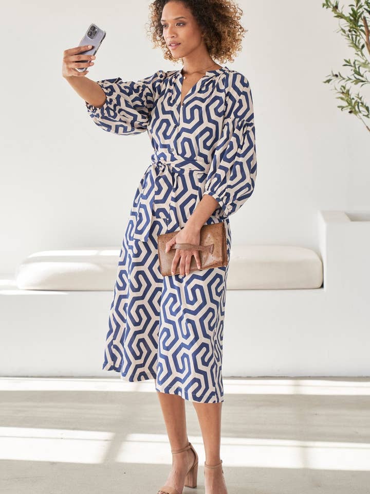 ocean+main - Wholesale Dress - Women's - Navy Geometric Cotton Belted Aubrey Peasant Dress with Pockets