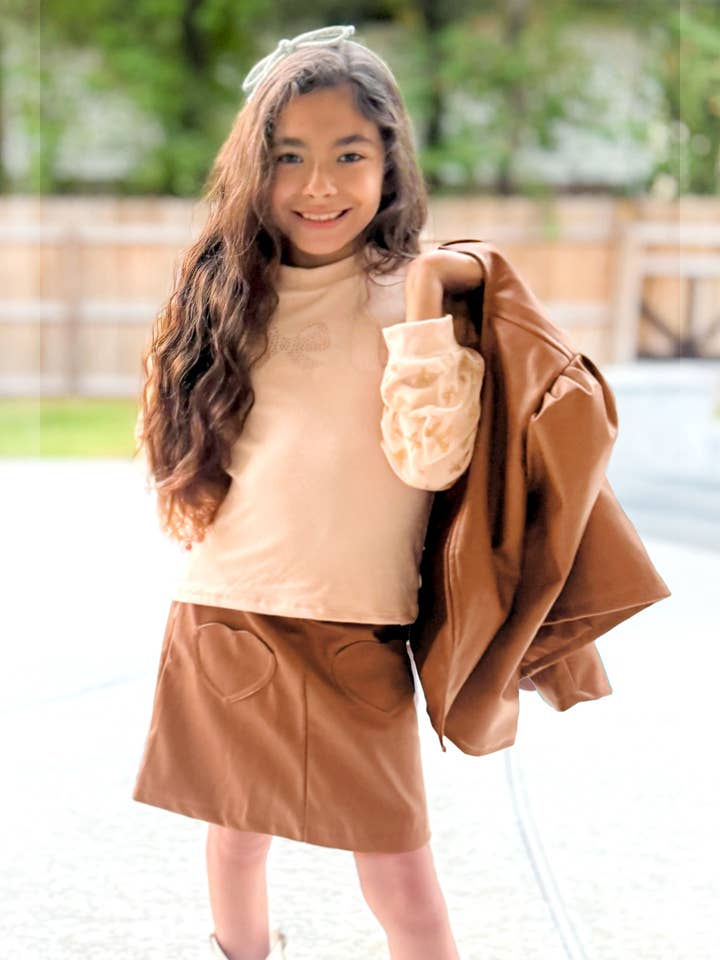 GKSSS-Y24-3514A-CRML Girl's 3pc Pleather Jacket & Skirt Set for wholesale by Cutie Patootie Clothing