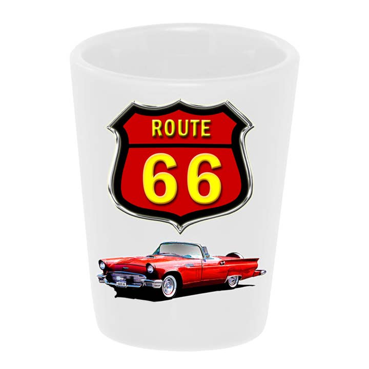 "Route 66: California" '57 T-bird 1.5 oz Shot Glass for wholesale by Bronze Baboon