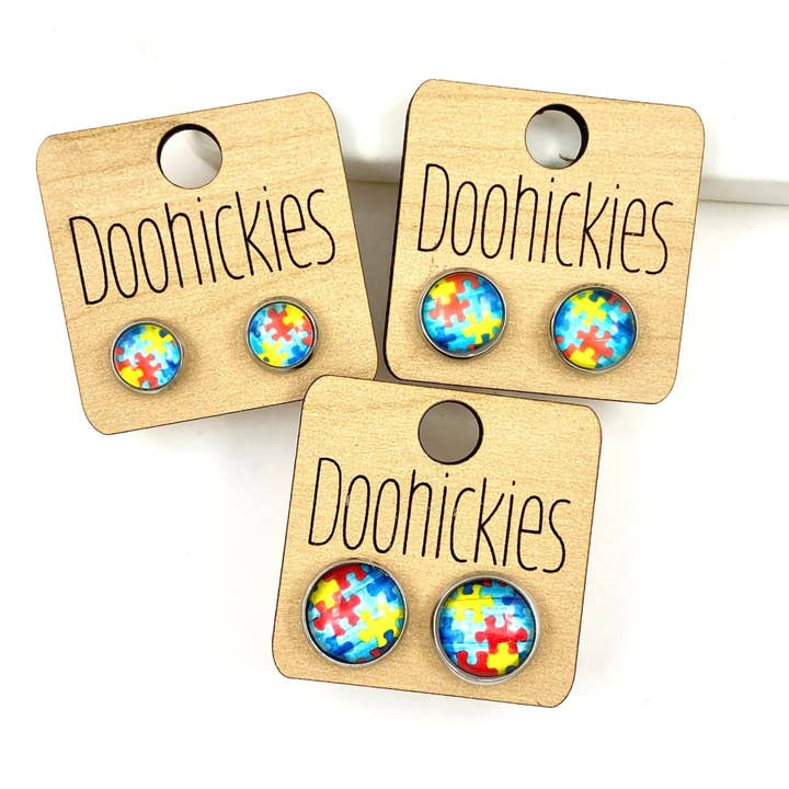 Autism Awareness Single Studs in Stainless Steel Settings - Earrings for wholesale by Doohickies