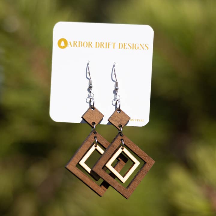 Nested Squares Wooden Earrings for wholesale by Arbor Drift Designs