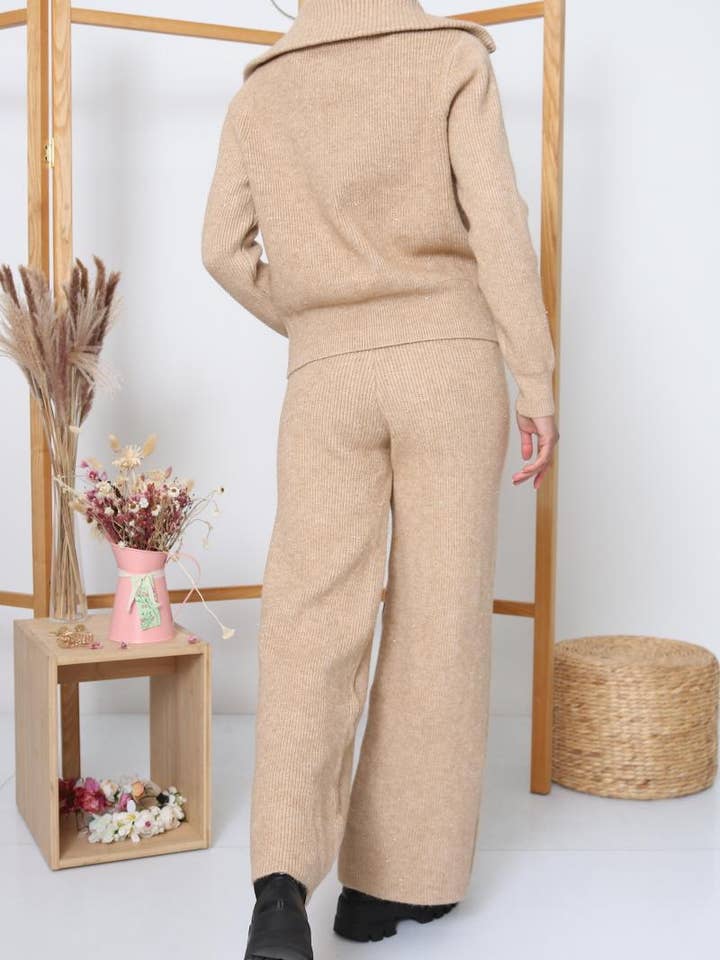 DIX-ONZE - Wholesale Top & Pant Set (NOT Loungewear) - Women's - Zipped Knit Set – Wide Collar Jacket & Straight Pants18