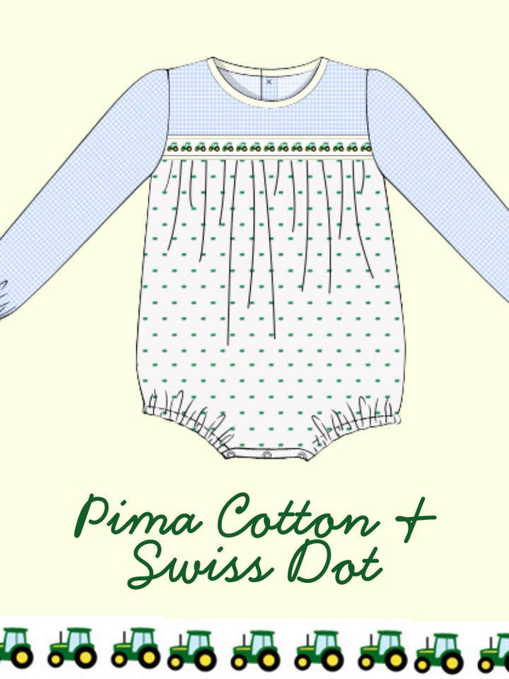 December Arrival Knit Cotton & Swiss Dot Tractor Ribbon Bubble for wholesale by The Seaside Proper Children’s Company