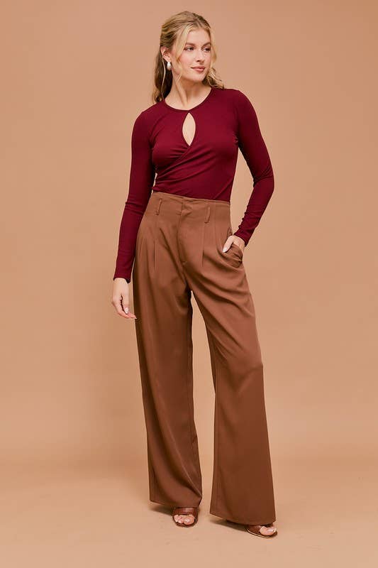 Burgundy LONG SLEEVE WRAP SIDE SHIRRING BODYSUIT for wholesale on Faire5
