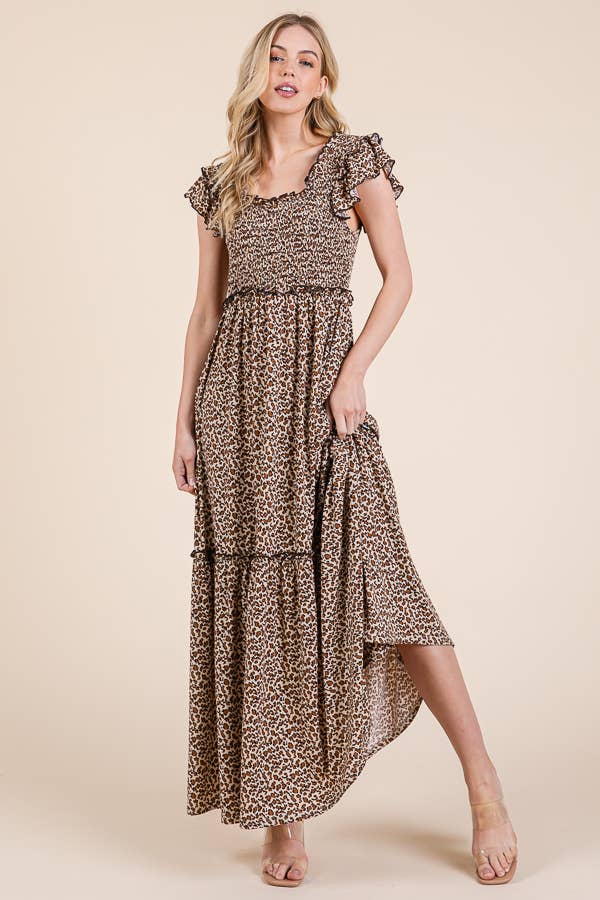 Leopard Print Ruffle Sleeve Tiered Maxi Dress for wholesale on Faire