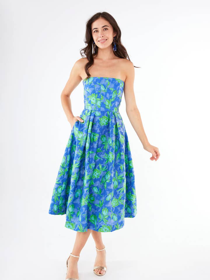 Vestido Catherine Cobalto Tropical Tulip Jacquard por atacado de Abbey Glass