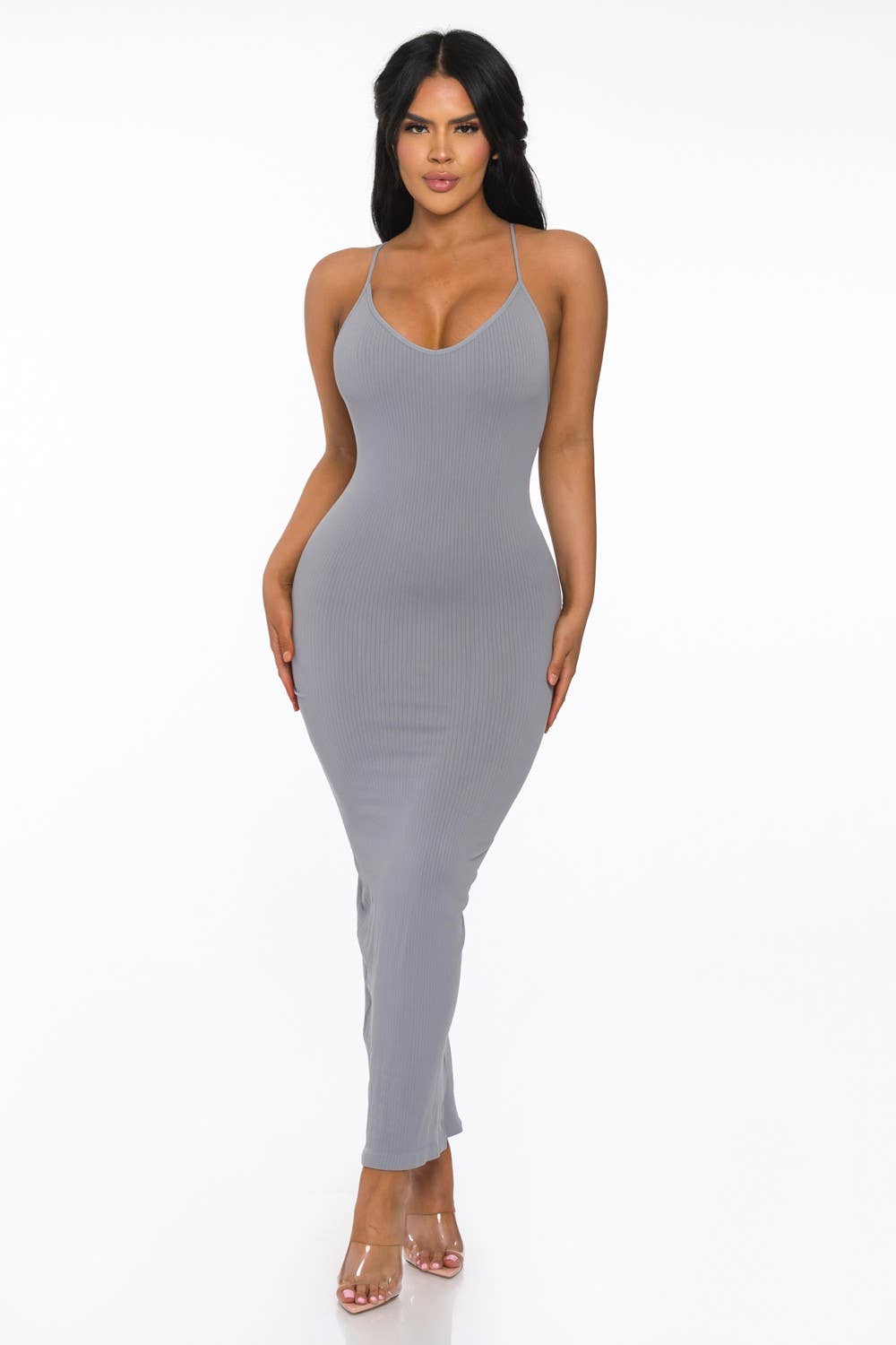 Lime All the Time – Großhandel Kleid – Damen – Bodycon-Maxikleid mit gerippten Spaghettiträgern17