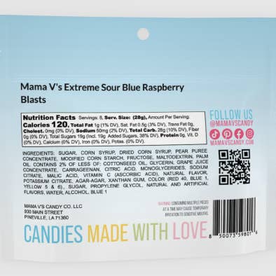 Mama V's Candy Co - Wholesale Gummy - Mama V's Extreme Sour Blue Raspberry Blasts 8oz