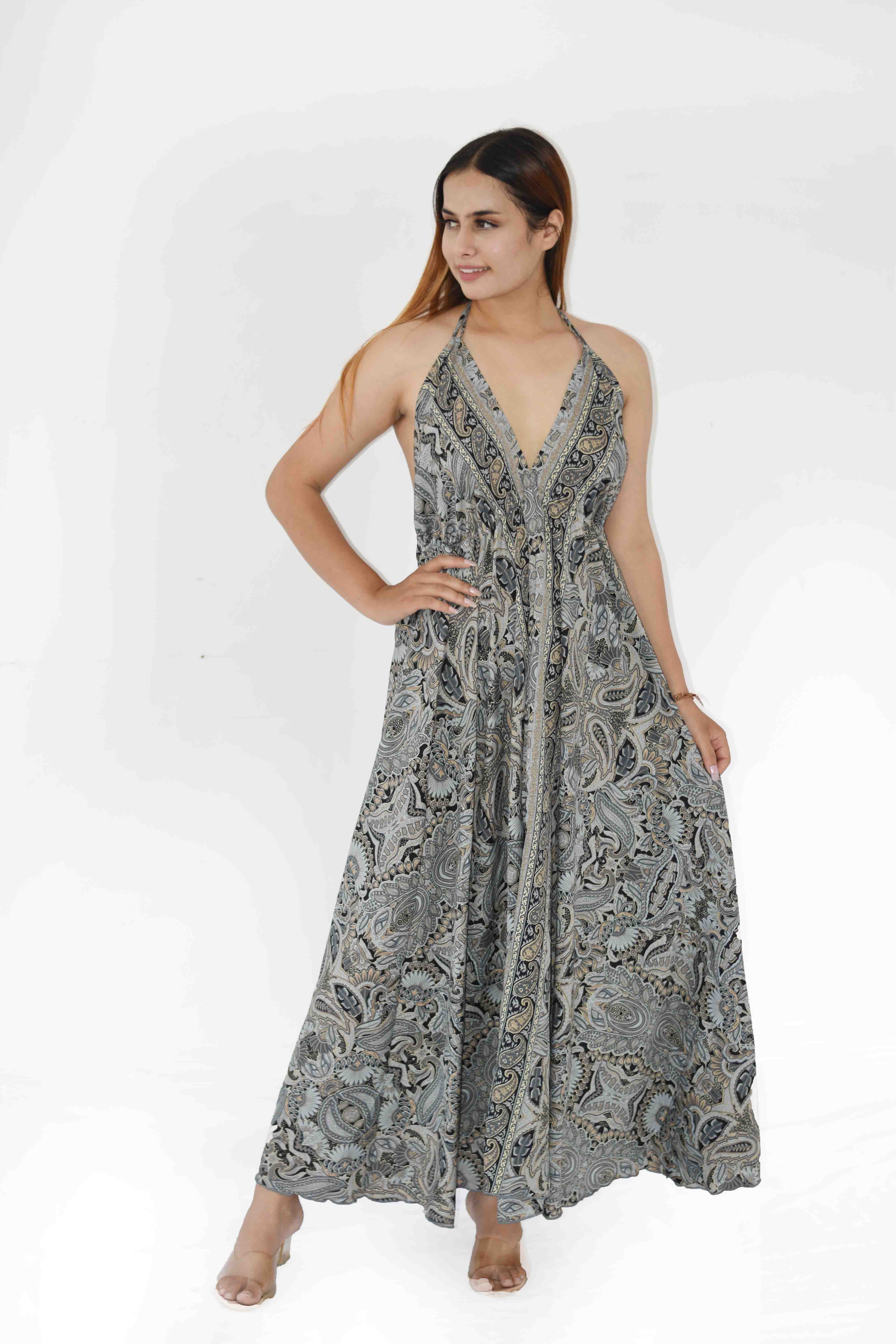 Humanity Centred Designs – Großhandel Kleid – Damen – Boho Kleid Neckholder rückenfrei bedruckte Rüsche in voller Länge5