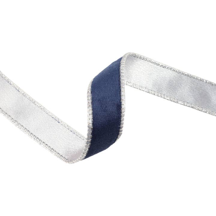 LA Ribbons Wholesale - Wholesale Ribbon - Gift Wrapping - 1" Reversible Classic Velvet Wired Ribbon | Navy/Silver | 10 Yard Roll
4