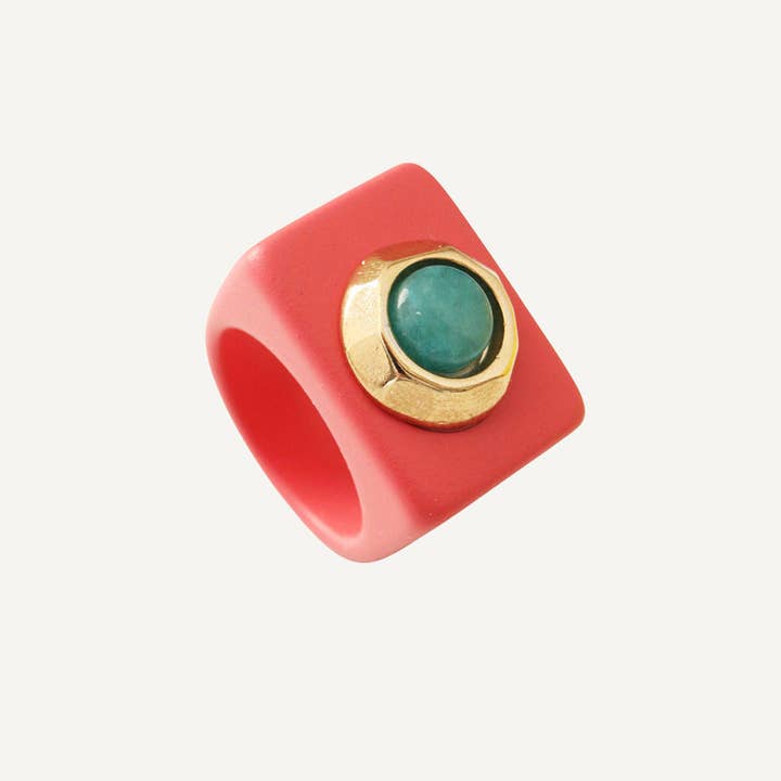 Large Coral Women's Rings with Green Turquoise Quartz for wholesale by ÉMOLO