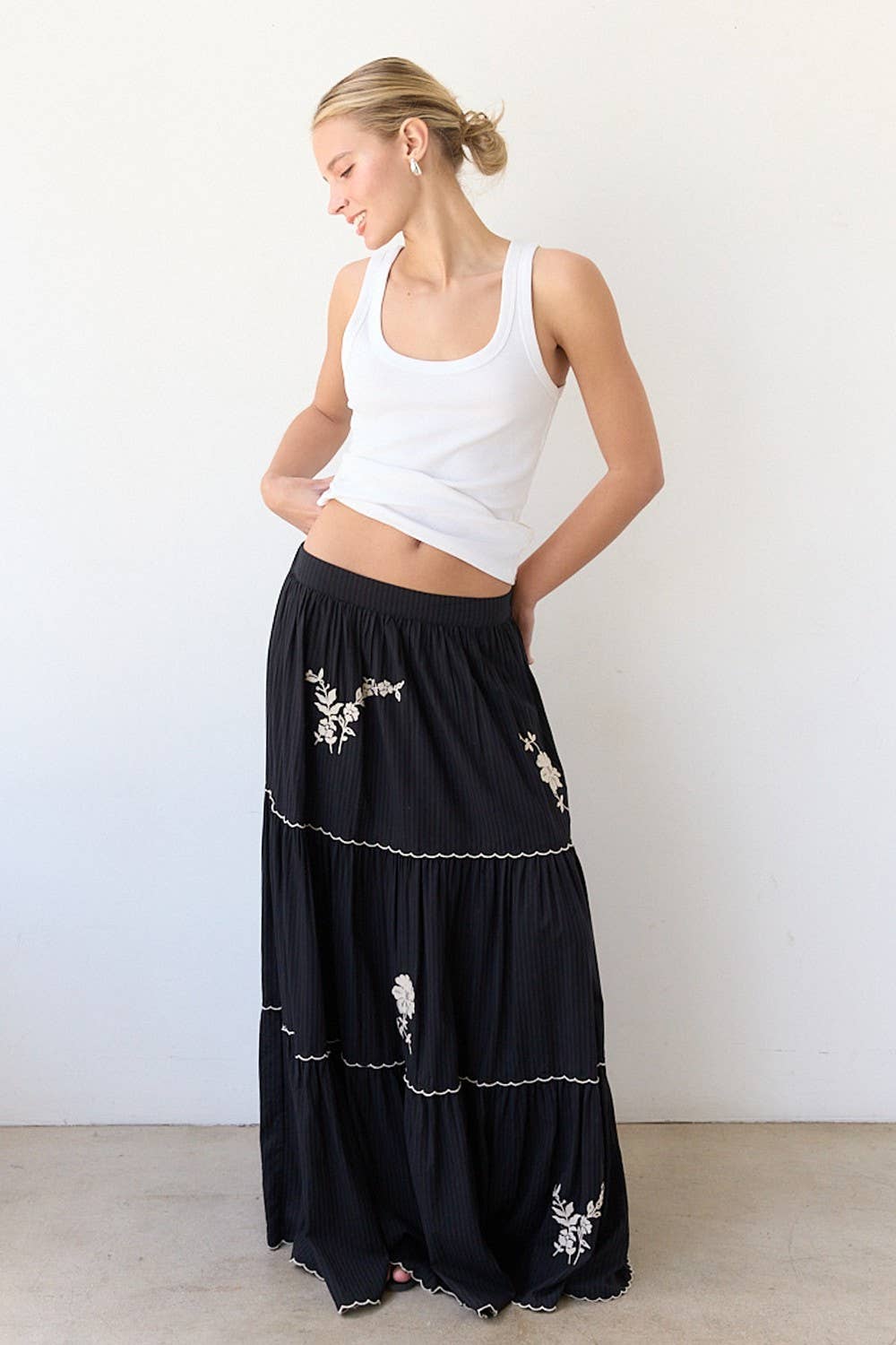 Black Embroidery Tiered Maxi Skirt - RS1032 for wholesale on Faire4