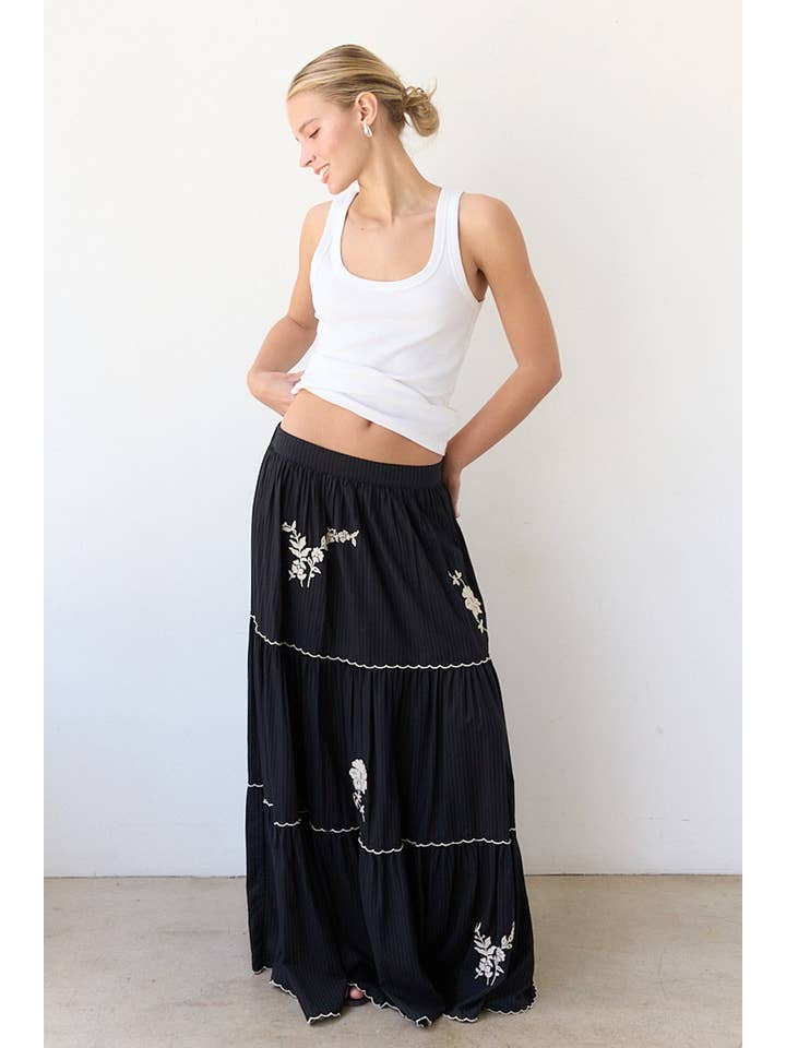 Black Embroidery Tiered Maxi Skirt - RS1032 for wholesale on Faire4