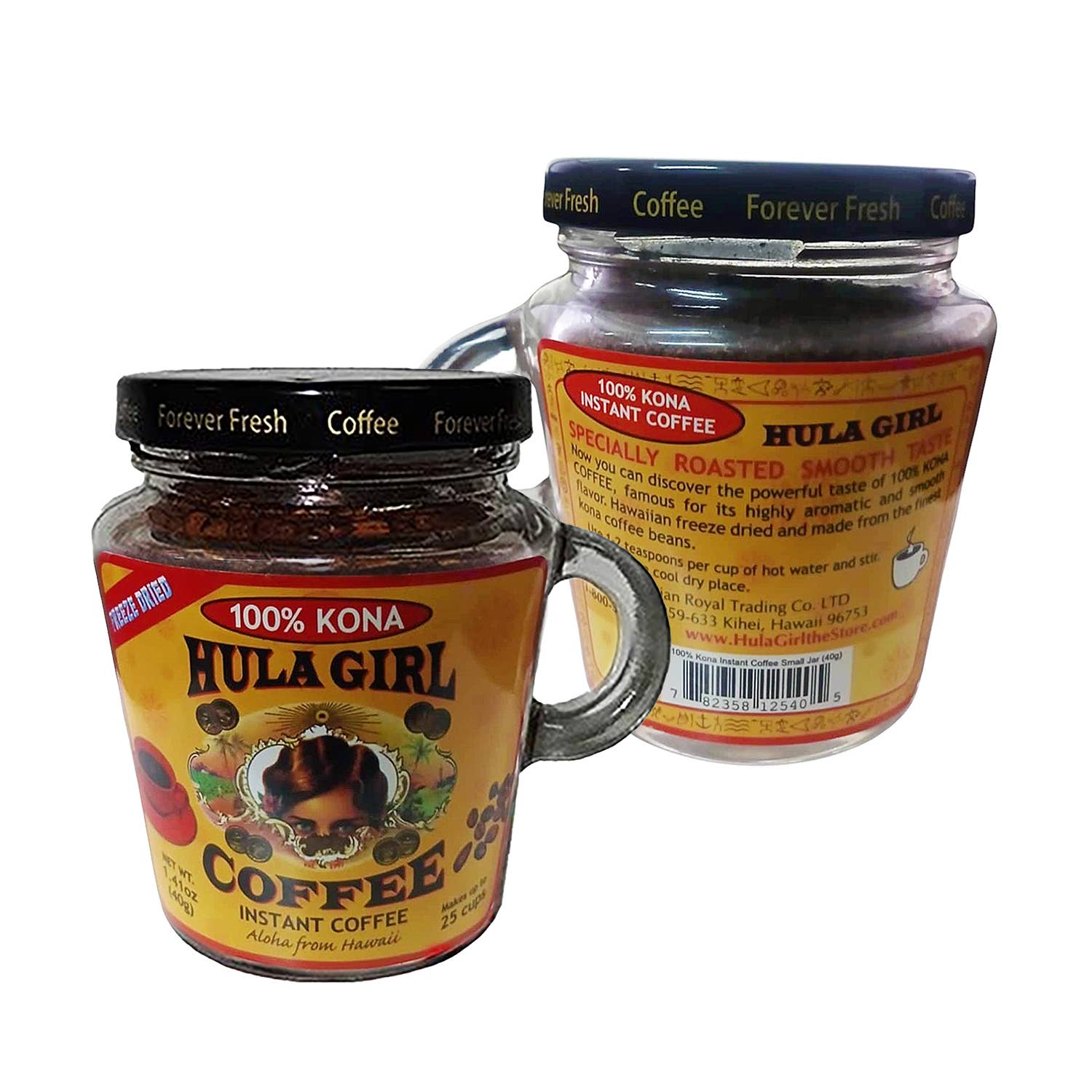 Hula Girl Products - Wholesale Instant Coffee/Espresso - Hula Girl 100% Kona Freeze Dried 1.4oz(40g) Jar – Box of 123