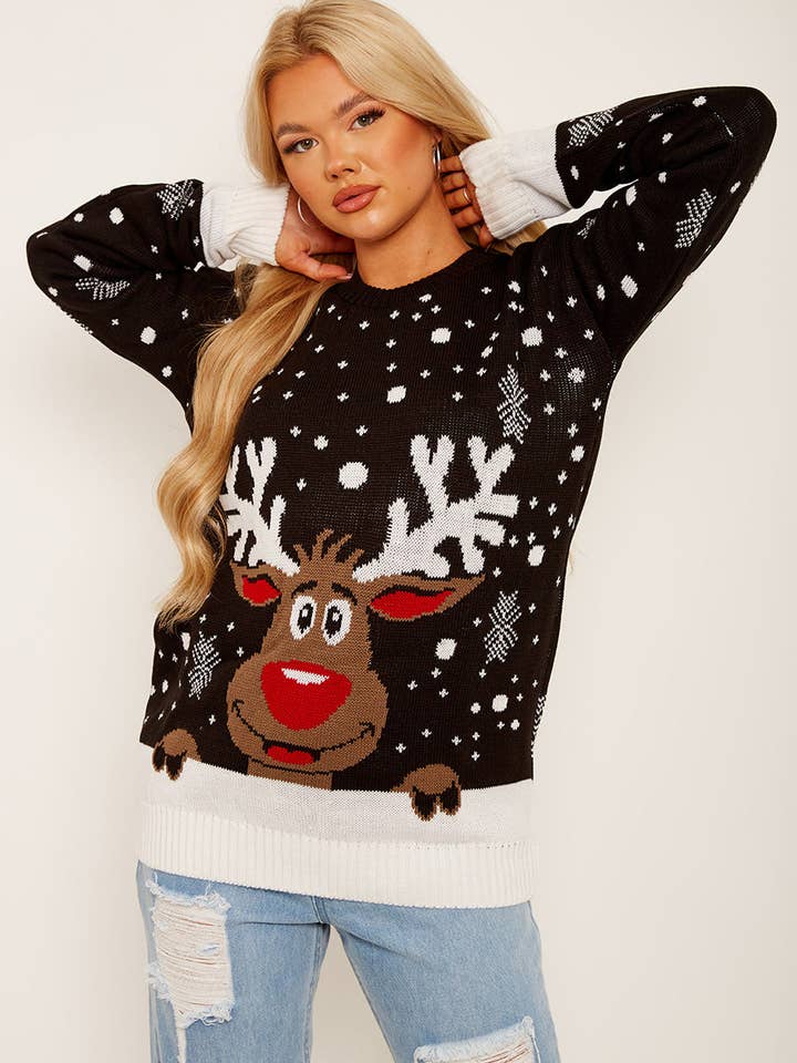 Stylewise Direct - Wholesale Knit Sweater - Women's - Christmas Rudolph Reindeer Snow Flake Jumper