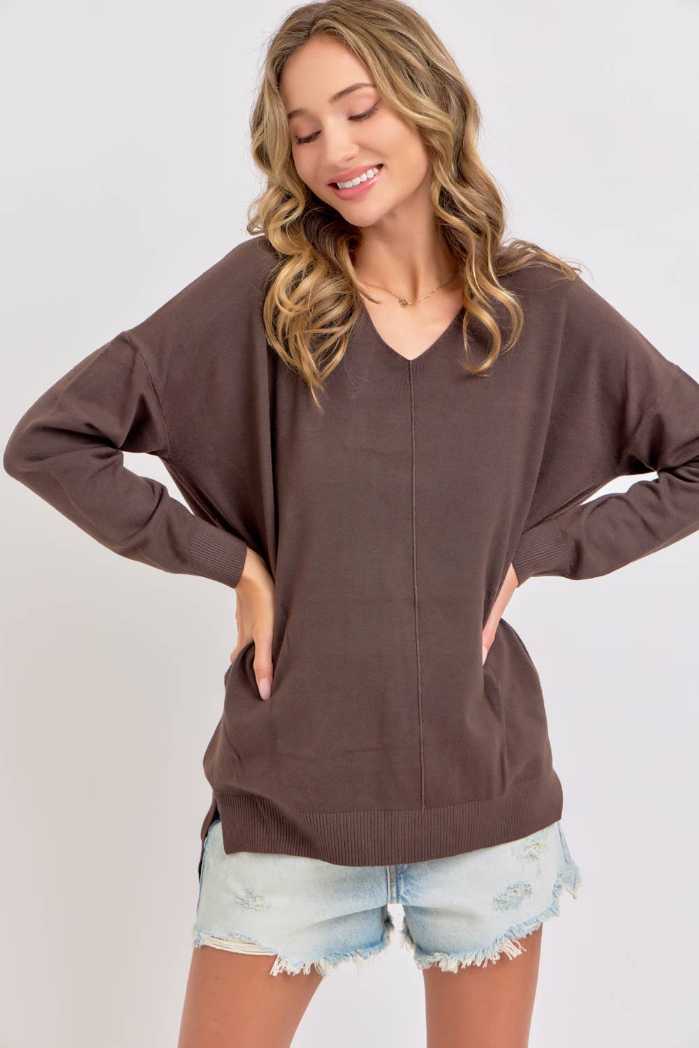 Sweet Lovely by Jen - Vendita all'ingrosso Top in maglia - Donna - Maglia morbida e confortevole casual con scollo a V17