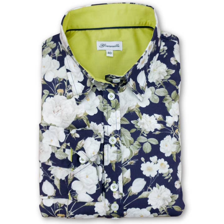 Salamander Shirts Ltd - Wholesale Button Down Shirt - Women's - Grenouille Ladies Long Sleeve Navy with White Rose Shirt0