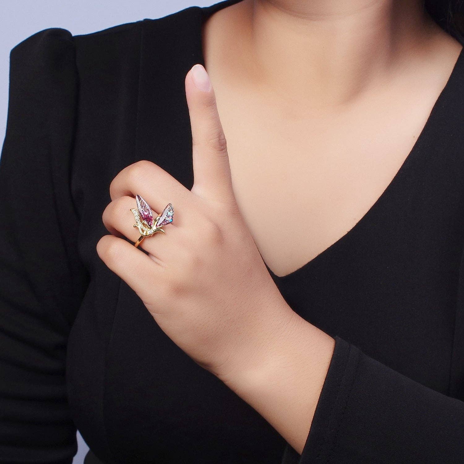 Aim Eternal - Wholesale Ring met meerdere stenen - Micro geplaveide antenne Butterfly Fairy Fuchsia, verstelbare ring met blauwe vleugels | Y398 Y3992