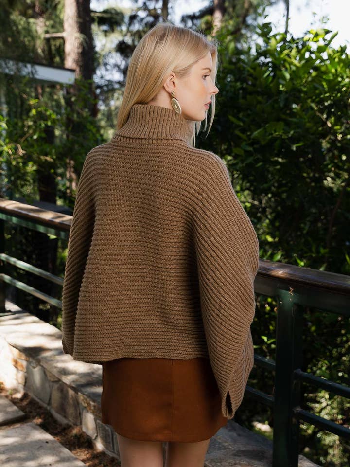 Leto Accessories - Wholesale Poncho - Women's - 🐢 Turtleneck Ribbed Knit Poncho w/ Armholes