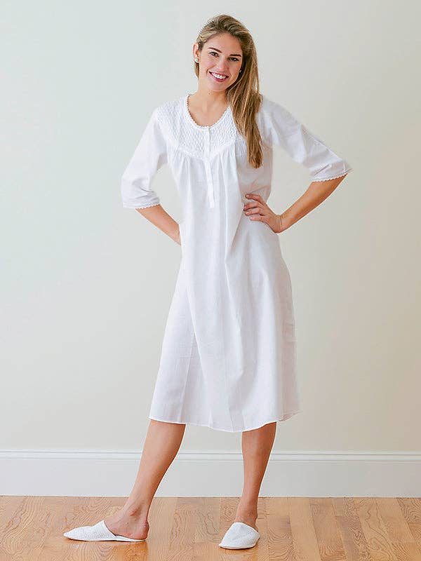 Liz White Cotton Nightgown, Smocking & Lace for wholesale by Jacaranda Living
