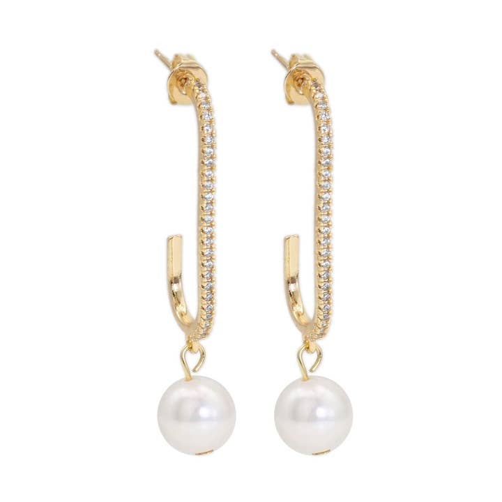 CZ Gold Long paperclip White Pearl Earrings, Sku#ZX145 for wholesale by BestBeads&Beyond