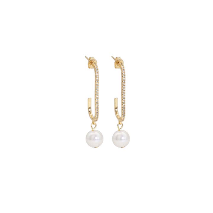 CZ Gold Long paperclip White Pearl Earrings, Sku#ZX145 for wholesale by BestBeads&Beyond
