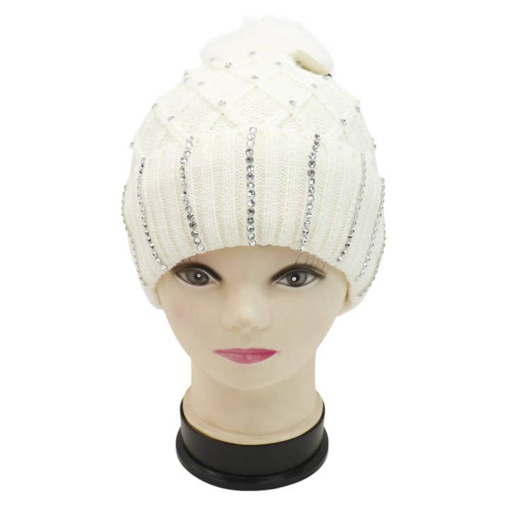 ASSORTED Pom Pom Knitted Beanie With Rhinestone HA4727-8 (12PC) for wholesale on Faire6