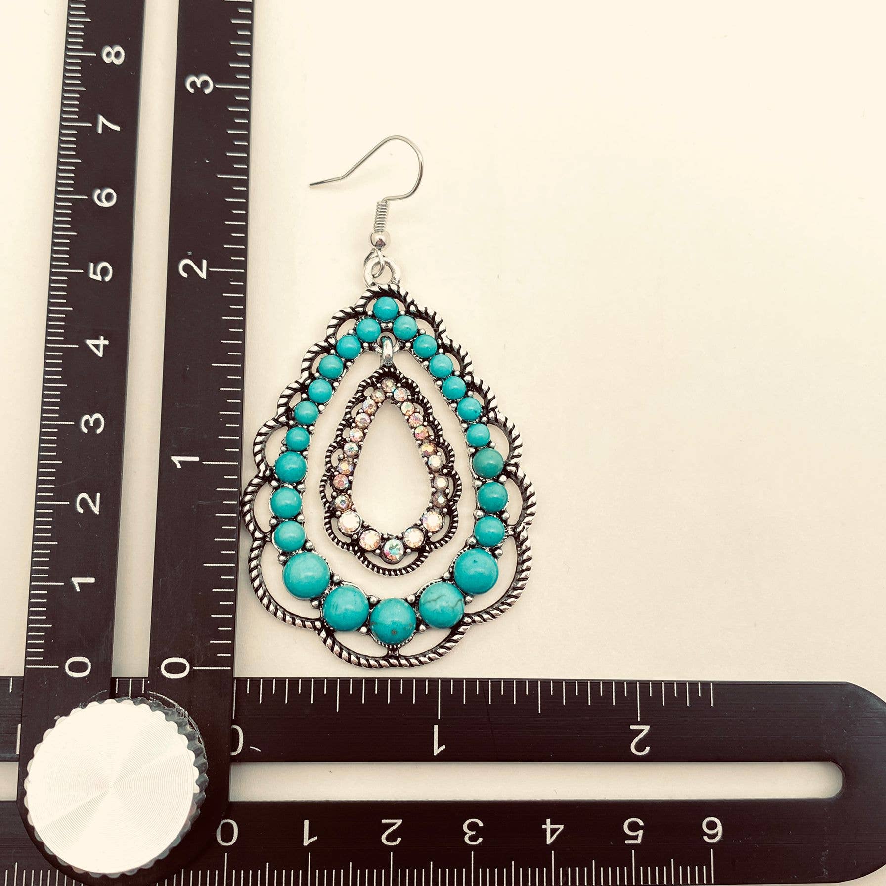 Mio Queena - Wholesale Dangle Earrings - Rhinestone Turquoise Double-layer Drop Dangle Earrings - WJ3