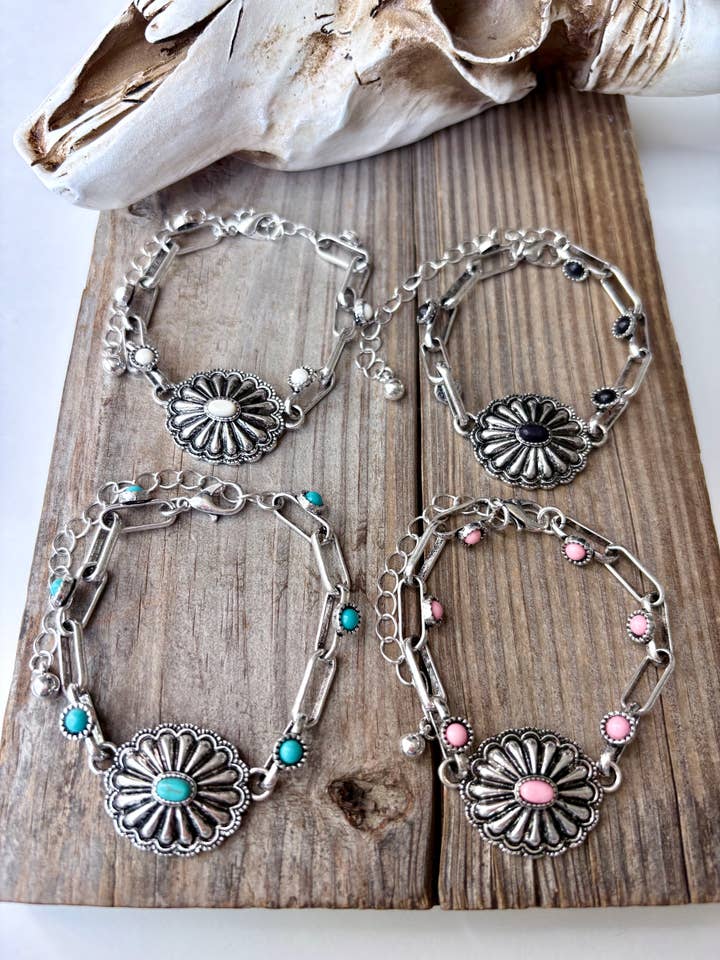 Western Concho Stone Paper Clip Chain Bracelet for wholesale by Boho Ranch Shop