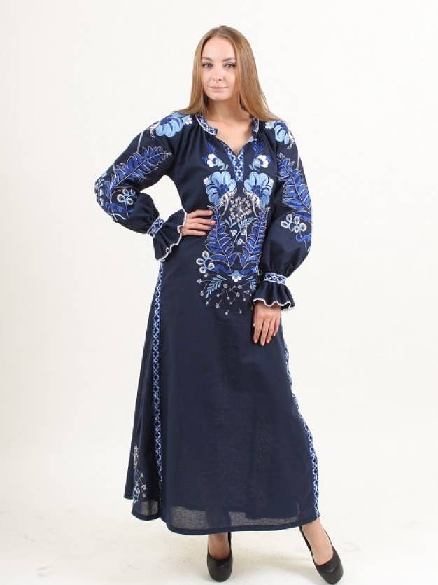 Blaues Schwan-Kleid mit Stickerei für den Großhandel von Galychanka