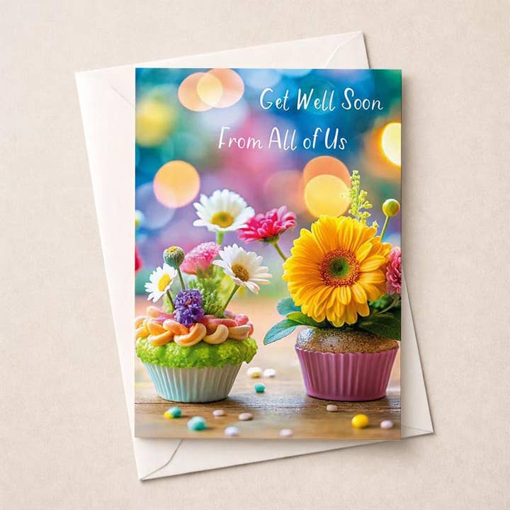 Large Get Well Soon Card - Flower Cupcakes for wholesale by Hammond Gower Publications Ltd