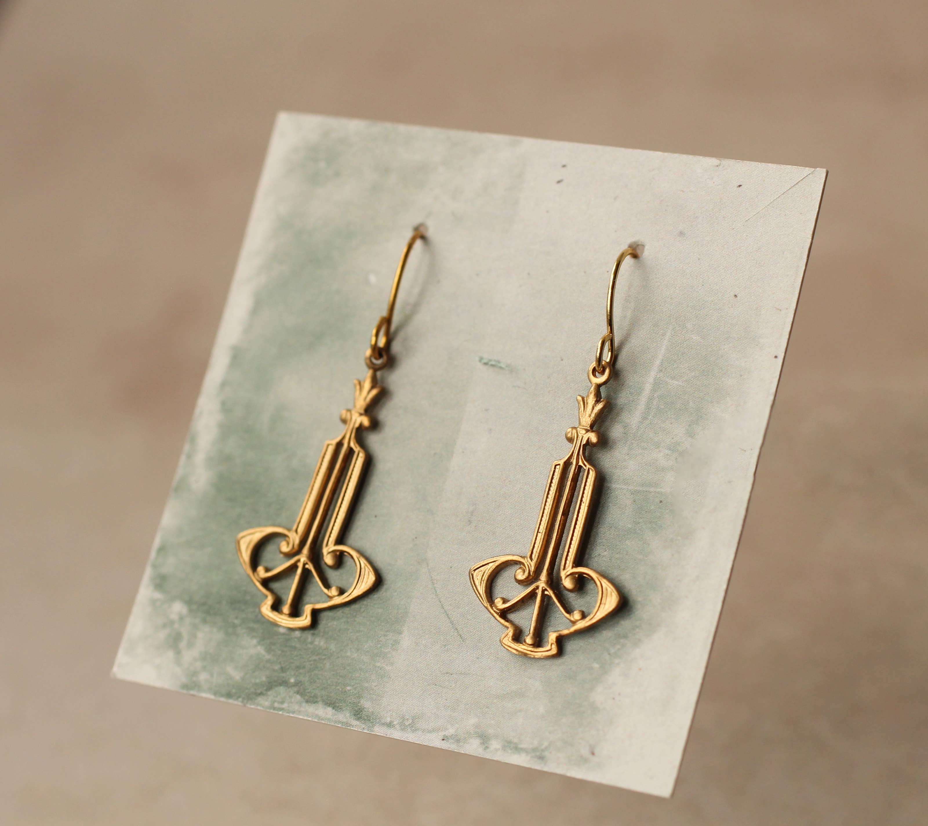 Silk Purse, Sow's Ear - Wholesale Dangle Earrings - Gold Art Deco Harp Earrings0