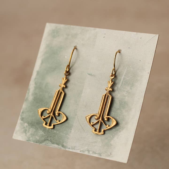 Silk Purse, Sow's Ear - Wholesale Dangle Earrings - Gold Art Deco Harp Earrings